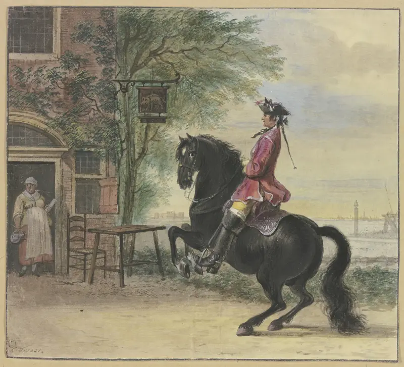 En ryttare med trekantig hatt och hästsvans, i bakgrunden ett kanallandskap av Cornelis Troost