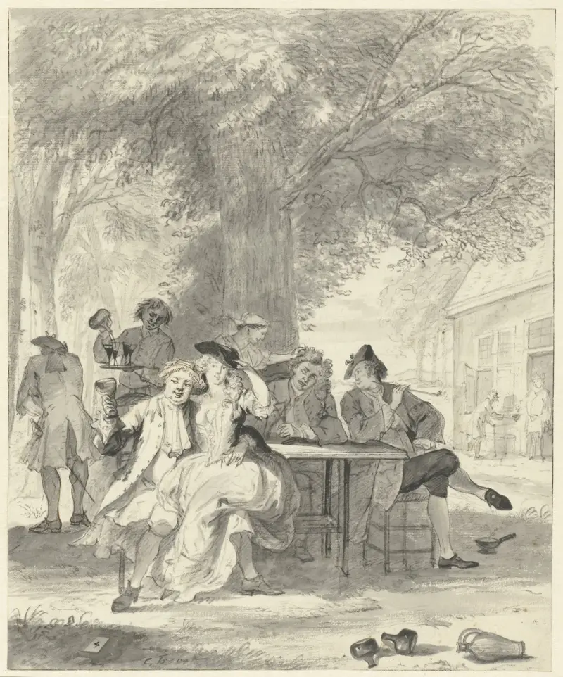 Ausgelassene Gesellschaft unter einem Baum vor einem Gasthaus von Cornelis Troost