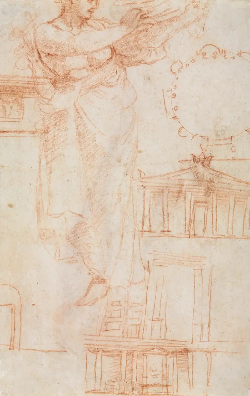 Eine drapierte weibliche Figur (möglicherweise eine Amazone) und Architekturstudien (verso) von Correggio