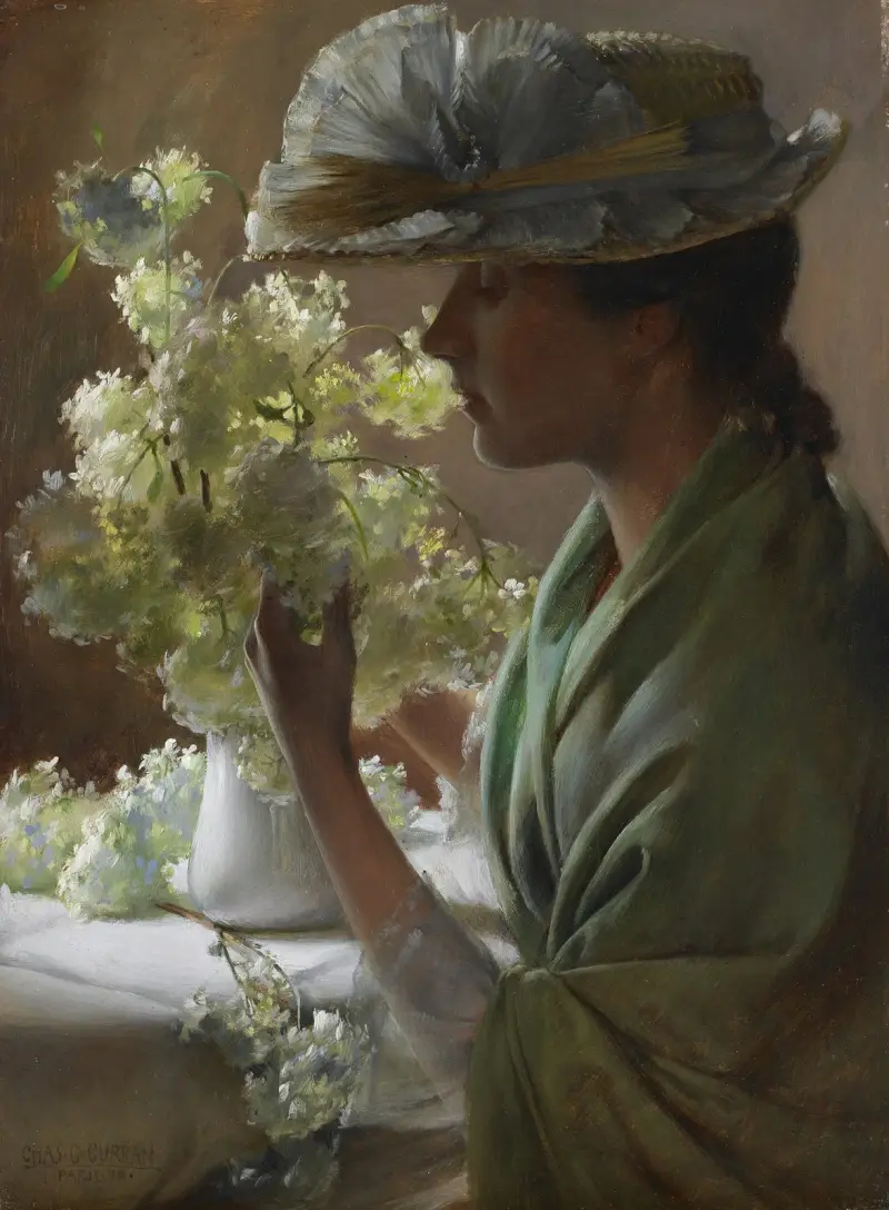 Dam med bukett (Snöbollar) av Charles Courtney Curran