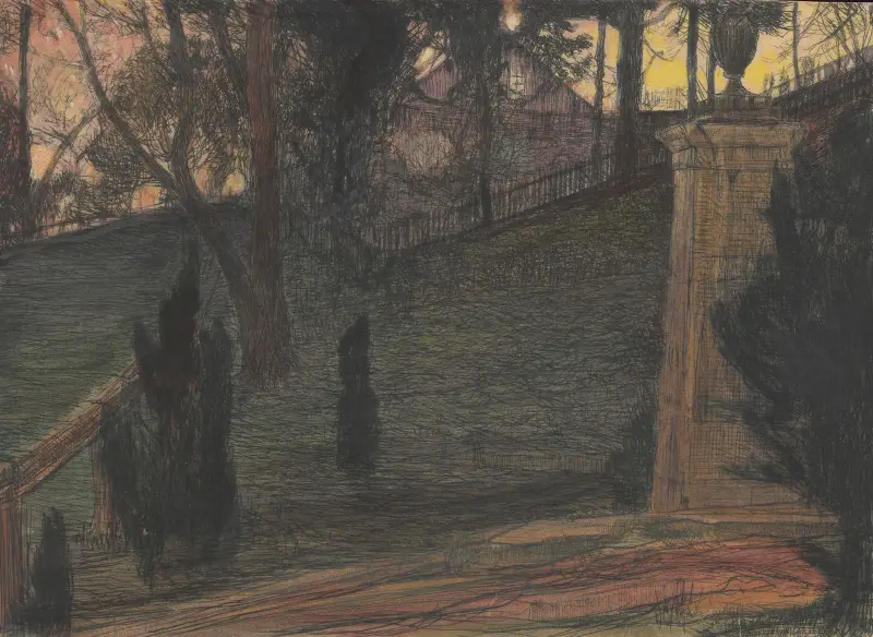 Fragment av en trädgård med en urna på en piedestal av Feliks Jabłczyński
