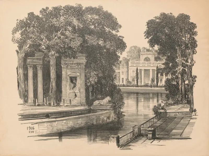 Blick auf das Łazienki-Schloss vom Amphitheater aus von Feliks Jabłczyński