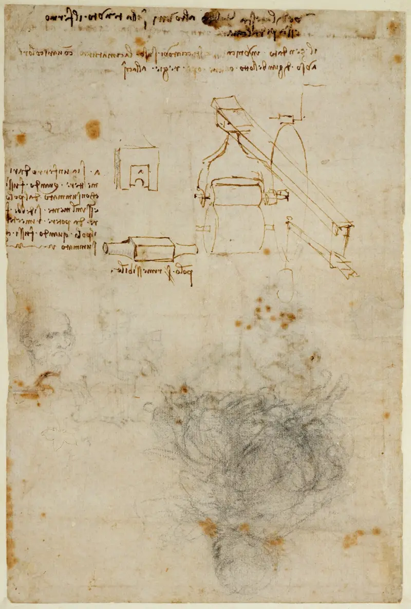 Kopf eines alten Mannes und Maschinenstudien von Leonardo da Vinci