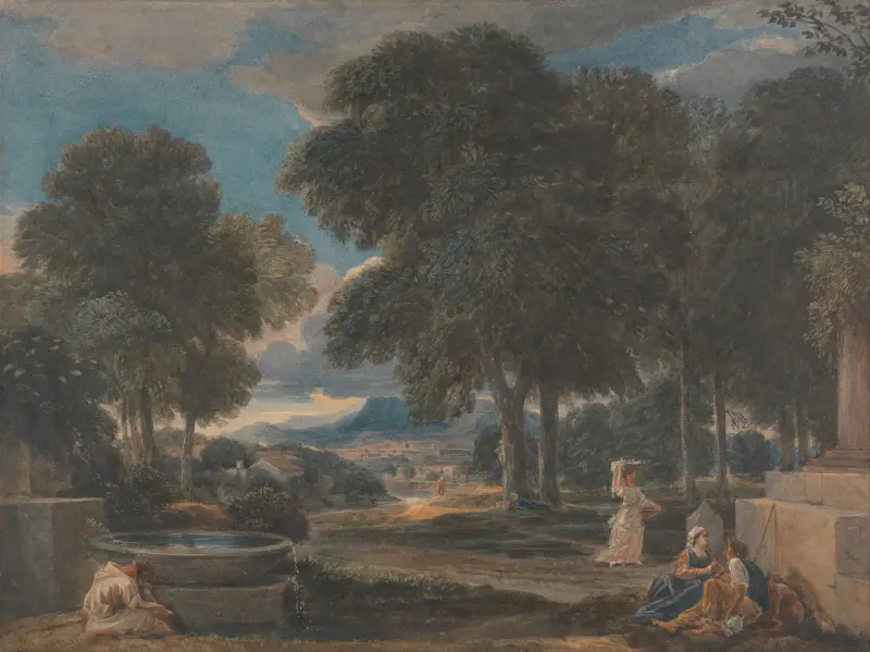Landscape with a Man Washing His Feet at a Fountain, after Poussin av David Cox