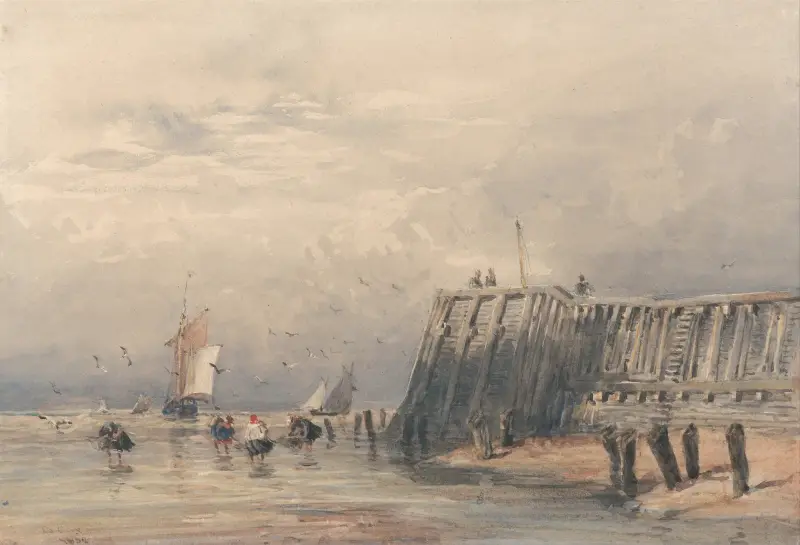 Segelpråmar och räktfiskare vid en pir av David Cox