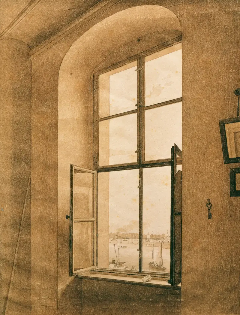 Utsikt från konstnärens ateljé i Dresden mot Elbe (vänstra fönstret) av Caspar David Friedrich