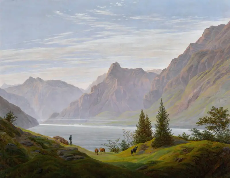 Landschaft mit gebirgsee, morgen (landscape with mountain lake, morning), Caspar David Friedrich