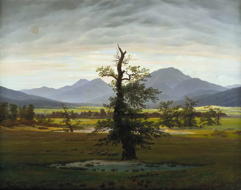 Bylanskap i morgonljus (Det ensamma trädet) av Caspar David Friedrich