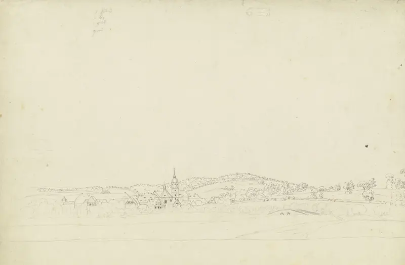 Vidtsträckt landskap med by och bro av Caspar David Friedrich