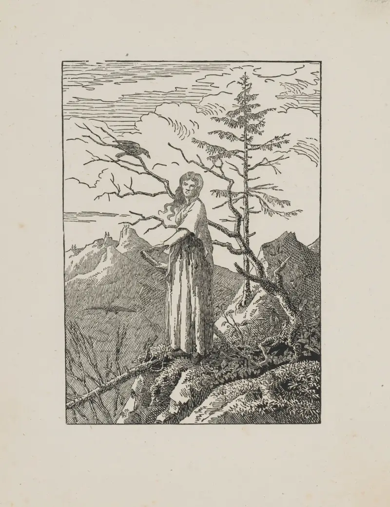 Kvinna med korp vid en brant av Caspar David Friedrich