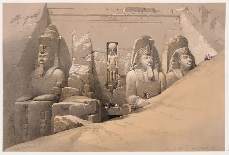 Fasad mot framsidan av det stora templet i Abu Simbel, Nubien (frontespis, vol. 2) av David Roberts