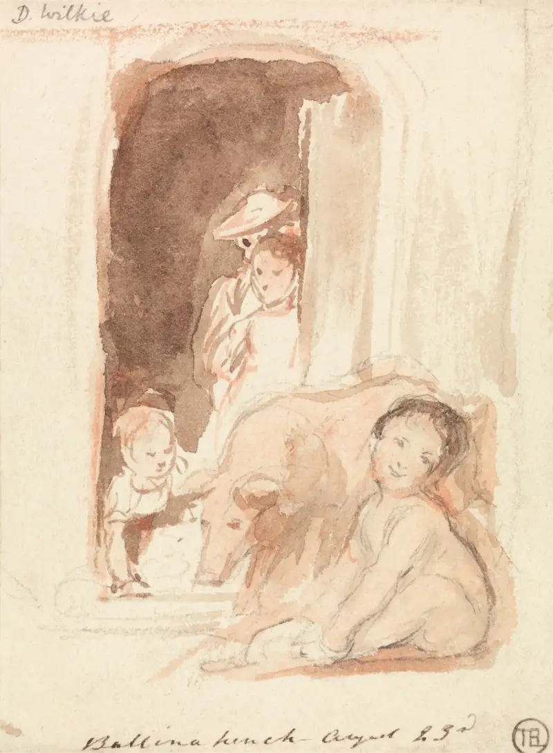 Barn med gris i en dörröppning i Ballynahinch, Irland av Sir David Wilkie
