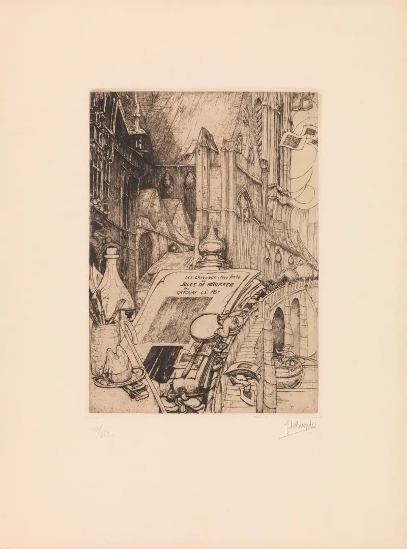 Frontespis till katalogen över Jules De Bruyckers grafiska verk av Grégoire Le Roy av Jules De Bruycker