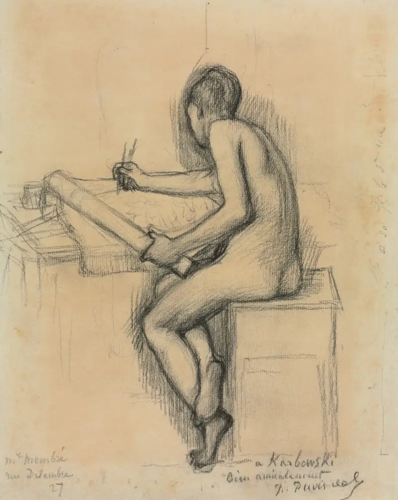 Studie av sittande kvinnlig modell som tecknar av Pierre Puvis de Chavannes
