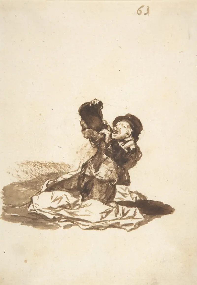 En man på marken som dricker ur en vinlägel av Francisco de Goya