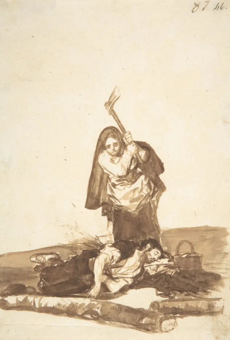 Eine Frau, die einen schlafenden Mann mit einer Axt angreifen will von Francisco de Goya