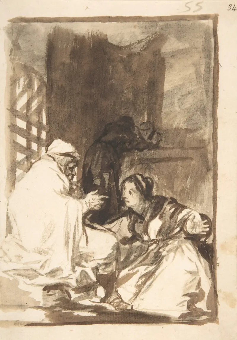 En knäböjande kvinna med utsträckta armar inför en gammal man av Francisco de Goya