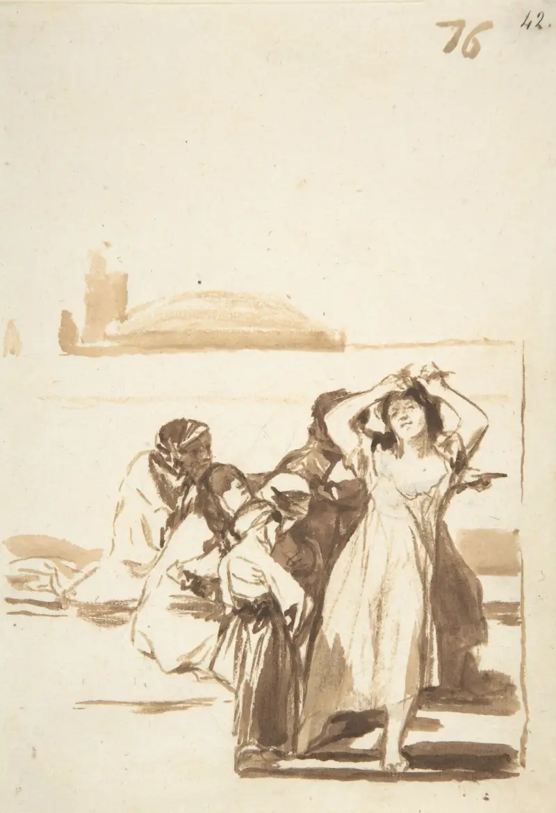 En kvinna som drar sig i håret, betraktad av en grupp gestalter av Francisco de Goya