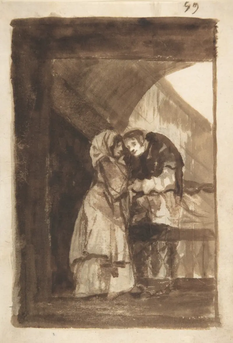 En kvinna som talar med en präst i en övertäckt valvgång av Francisco de Goya