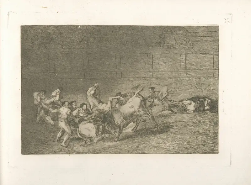Två grupper av picadorer överkörda i följd av en enda tjur av Francisco de Goya