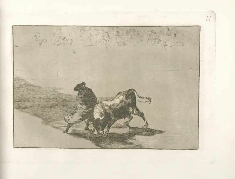 Den ytterst skicklige studenten från Falces, maskerad, lurar tjuren med sina vrickningar av Francisco de Goya