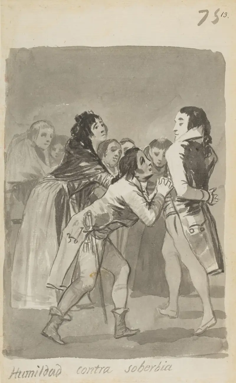 Ödmjukhet mot högmod: en ung man bönfaller en äldre man med andra figurer framför dem av Francisco de Goya