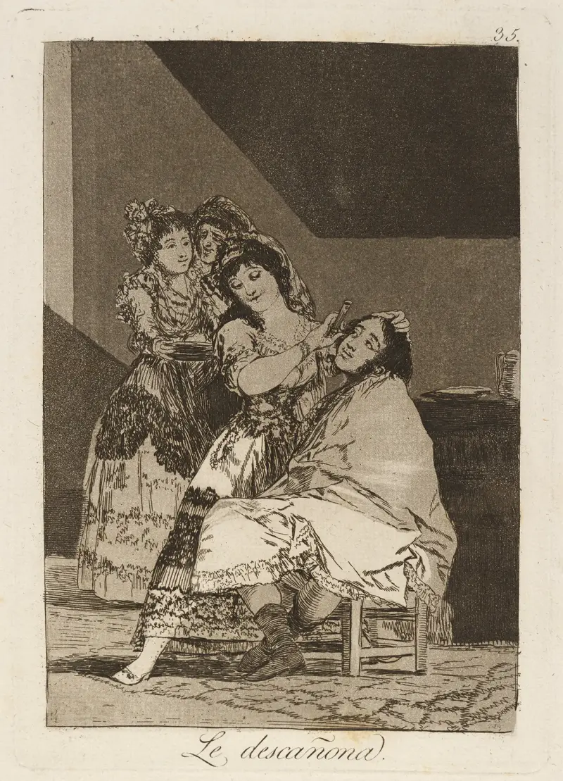 Le descañona. (She fleeces him.) av Francisco de Goya
