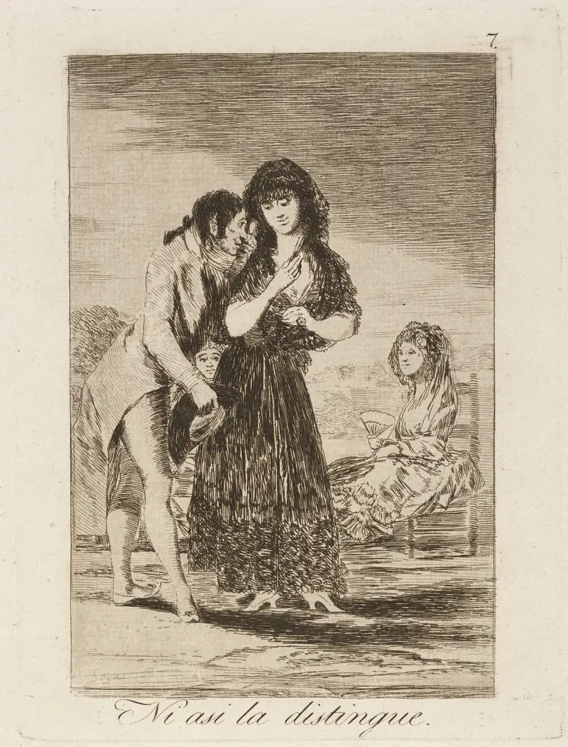 Ni asi la distingue. (Even thus he cannot make her out.) av Francisco de Goya