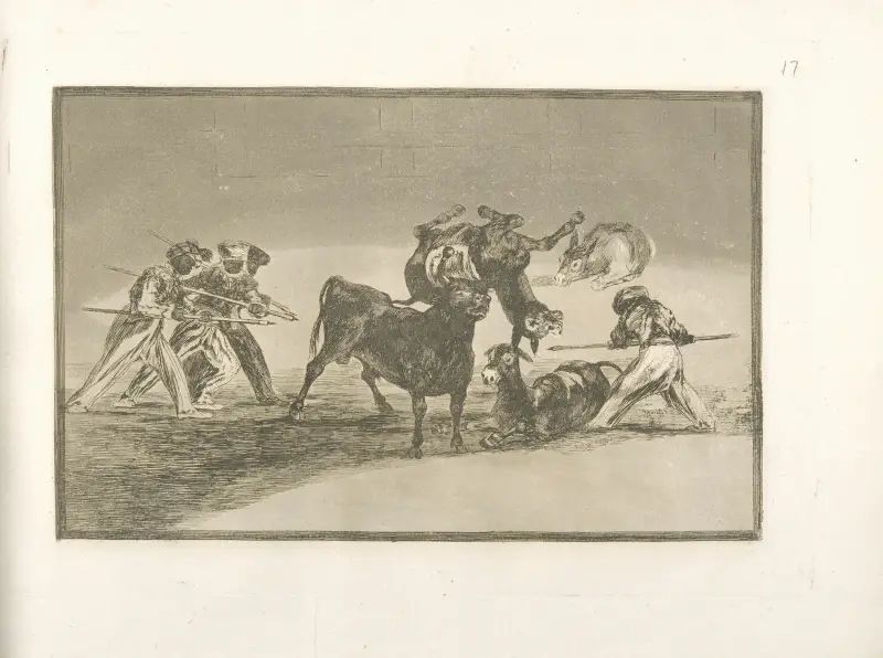 Morernas palenque gjord med åsnor för att försvara sig mot den eldade tjuren av Francisco de Goya