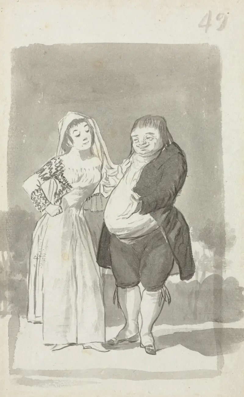 Prostituierte, die einen dicken, hässlichen Mann anspricht (recto) von Francisco de Goya