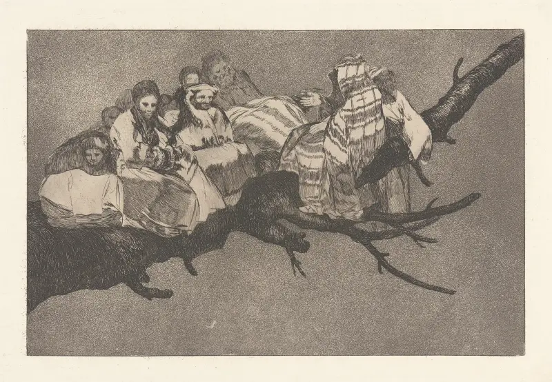 Att gå bland grenarna, dvs. att prata i nattmössan [Löjlig dårskap] av Francisco de Goya