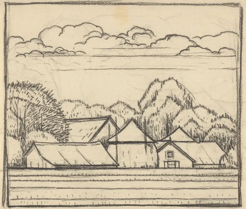 Landscape with farm av Julie de Graag