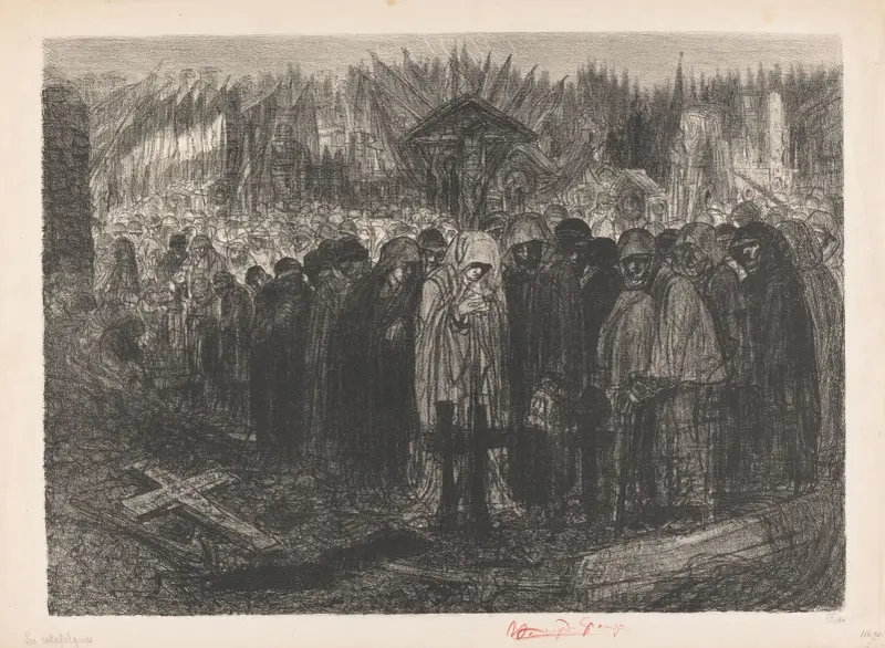 Große Menge Figuren mit Kapuze auf einem Friedhof von Henry de Groux