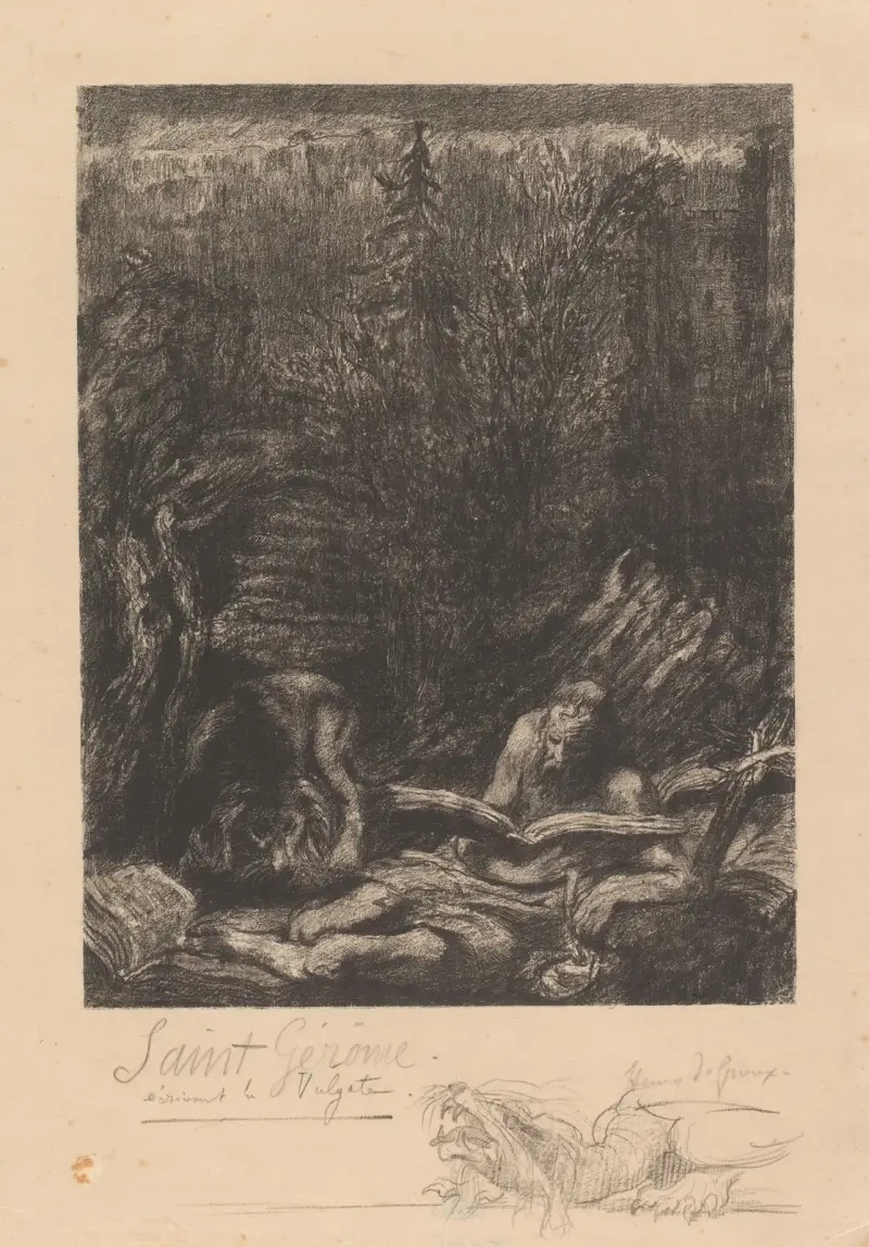 Landskap med lejon och den helige Hieronymus med bok av Henry de Groux