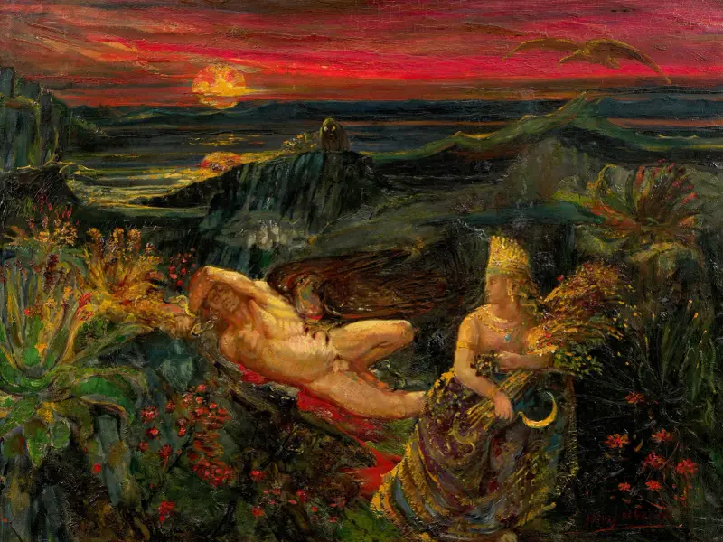 Medea plockar blommorna som föddes ur Prometheus blod av Henry de Groux