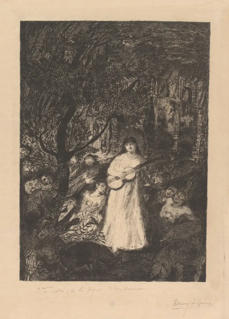 Frau mit Gitarre in einem Wald mit Figuren von Henry de Groux
