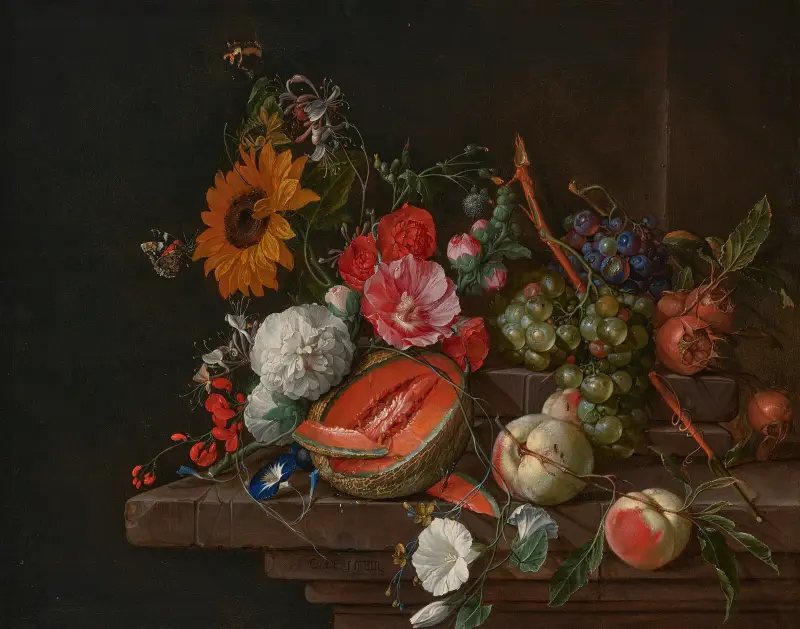 En melon, persikor, druvor, mispelfrukter, solrosor, rosor, pioner och andra blommor med fjärilar och insekter på en stenhylla av Cornelis de Heem