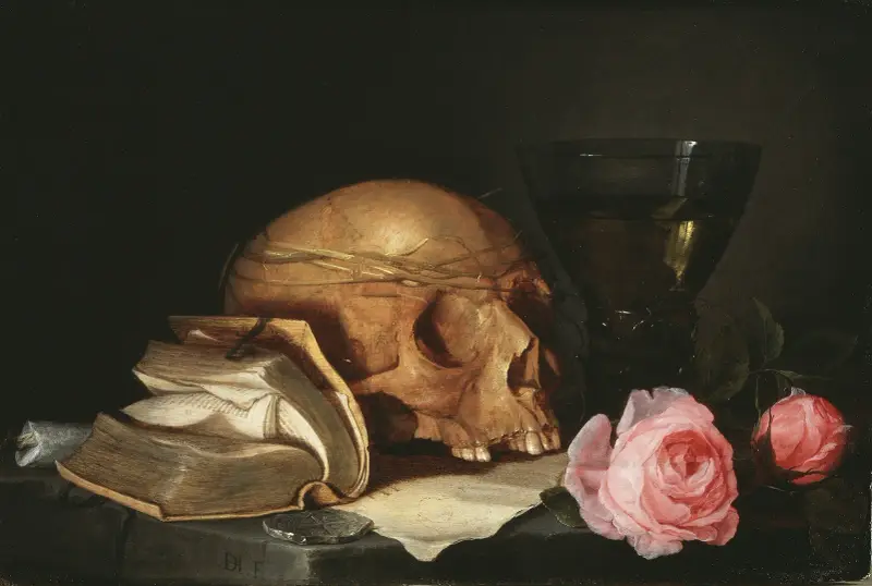 Vanitasstilleben med dödskalle, bok och rosor av Jan Davidsz de Heem