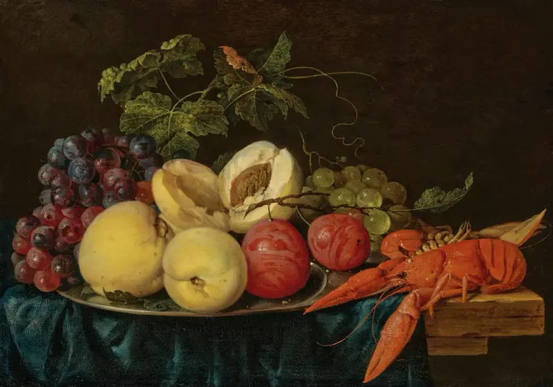 Ovoce na stříbrné míse s humry na částečně přehozeném stole, Jan Davidsz de Heem