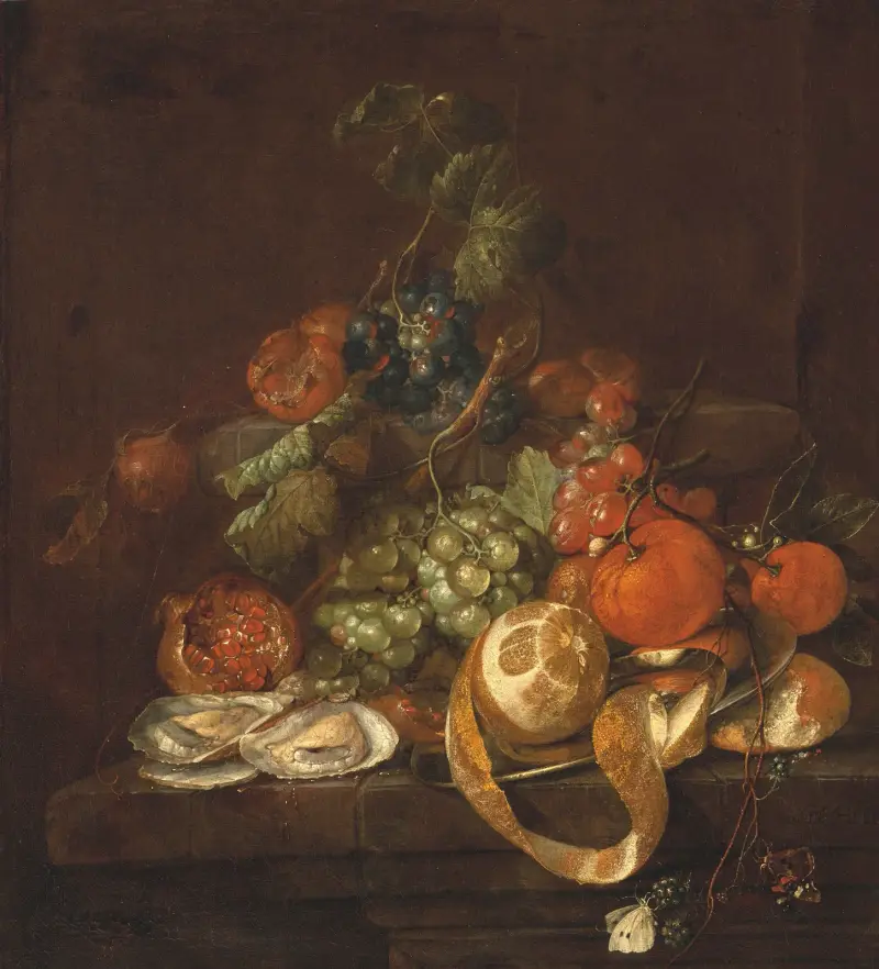 Stilleben med citroner, ostron, druvor och fjärilar på ett bord av Cornelis de Heem