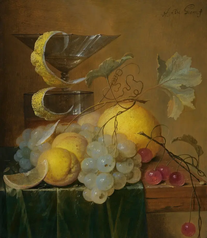 Martwa natura z kieliszkiem wina, skórką cytryny, brzoskwiniami, winogronami i wiśniami na rogu częściowo udrapowanego drewnianego stołu, Jan Davidsz de Heem