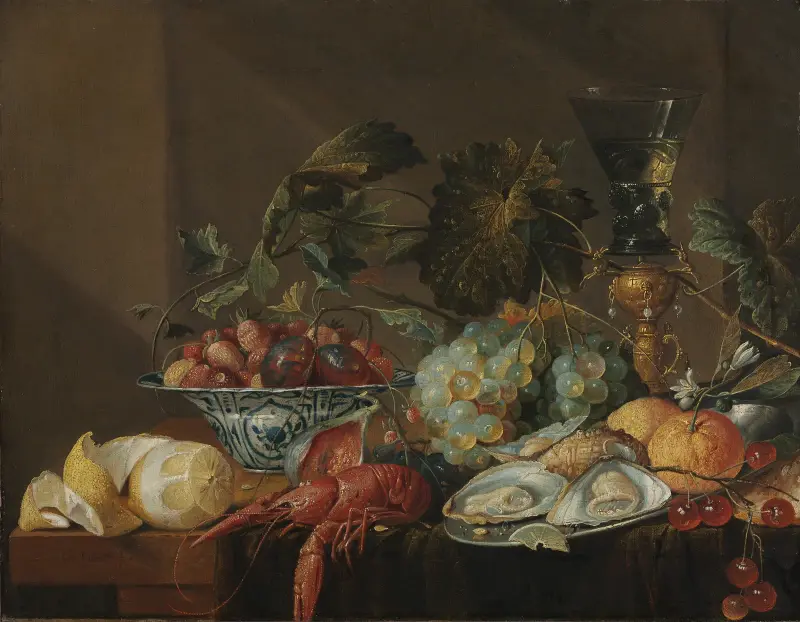 Stilleben med kräfta, ostron och frukt av Cornelis de Heem