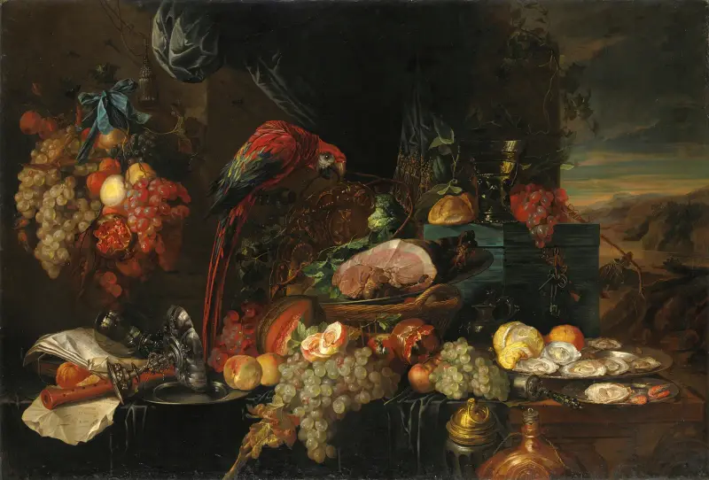 Stillleben mit Früchten, Austern und einem Papagei von Jan Davidsz de Heem