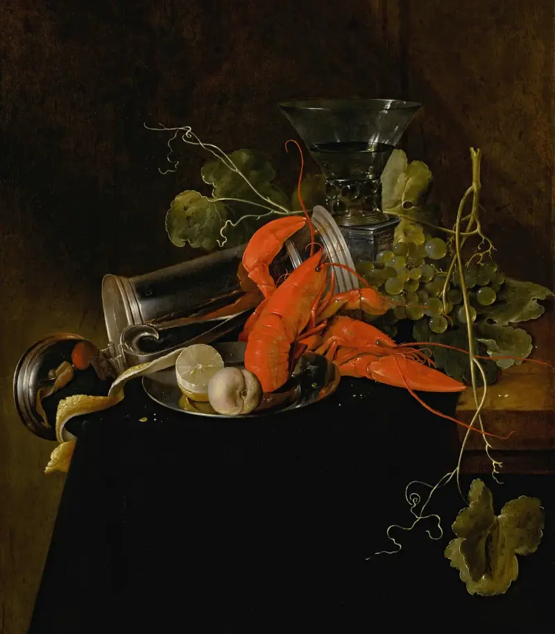 Stilleben med två humrar, en omkullvält sejdel, ett berkemeierglas, vindruvor och en citron av Jan Davidsz de Heem