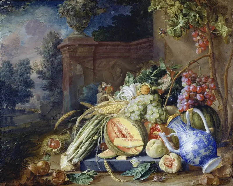 Stilleben med grönsaker och frukt framför en trädgårdsbalustrad av Cornelis de Heem