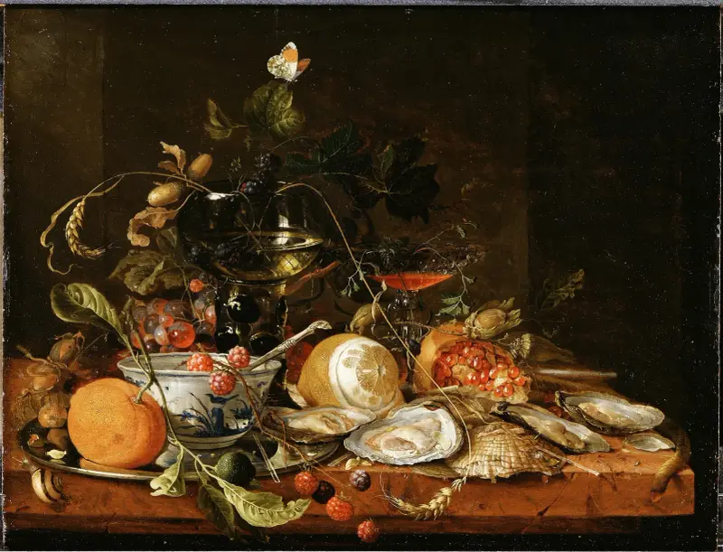 Stilleben med vin, frukt och ostron av Jan Davidsz de Heem
