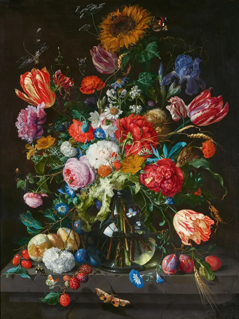 Stilleben med blommor och frukt på en stenkonsol av Jan Davidsz de Heem