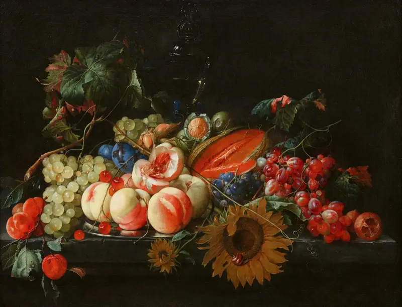Stilleben med persikor och körsbär på ett silverfat med andra frukter, nötter och solrosor av Cornelis de Heem