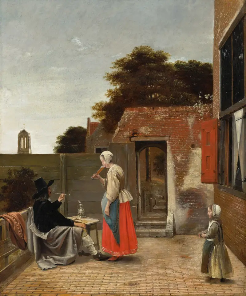 Rökande man och drickande kvinna på gård av Pieter De Hooch