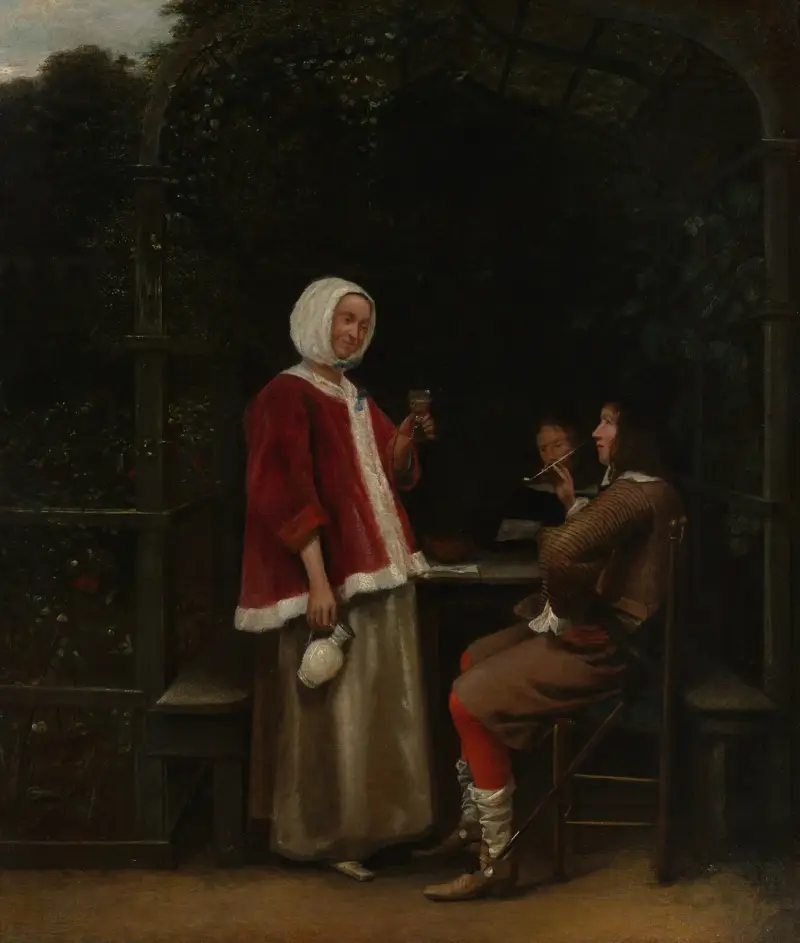 A Woman and Two Men in an Arbor av Pieter De Hooch